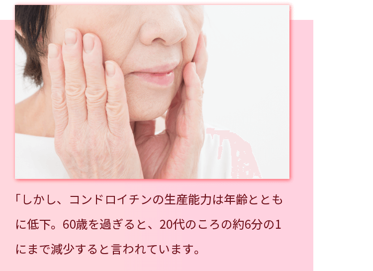 コンドロイチンの生産能力は年齢とともに低下。６０歳を過ぎると、20代のころの役６０分の１にまで減少すると言われています。